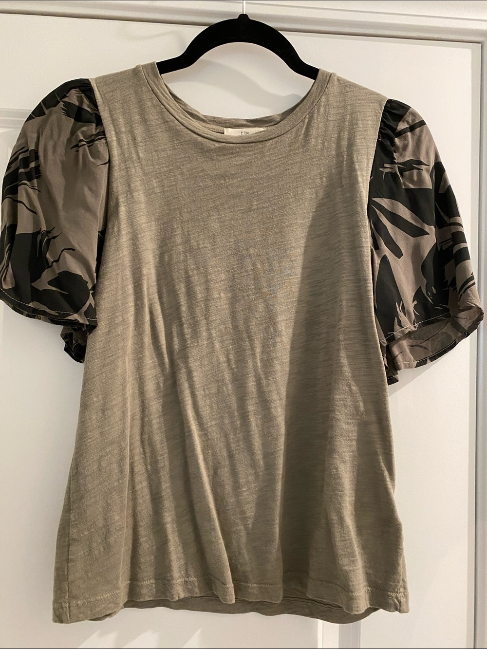 T.La Olive Green Tee with Camouflage Puff Sleeves